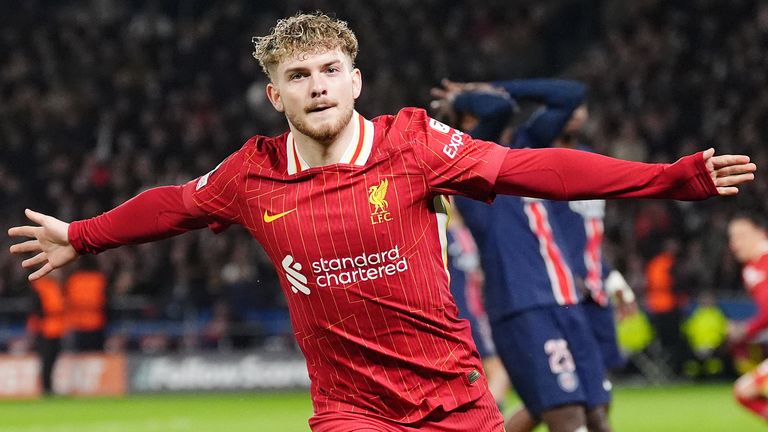 Liverpools Harvey Elliott celebrates scoring the winning goal against Paris Saint-Germain