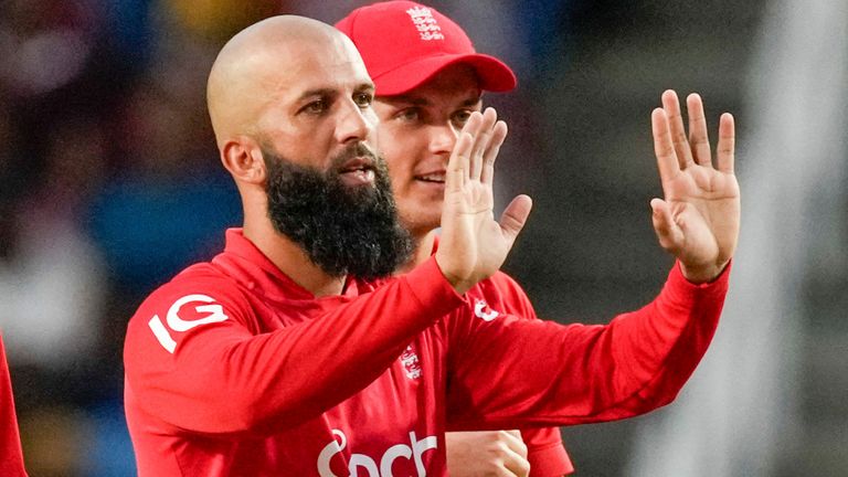 England's Moeen Ali..brates The dismissal on the first ball in the West Indies Brandon King .. In the fourth T20 cricket -match at Brian Lara Stadium in Tarouba, Trinidad and Tobago, Tuesday 19 December 2023. (AP Photo/Ricardo Mazalan)