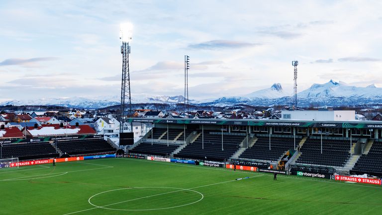 Bodo, Norway - February 22: General Views inside the stadium during sunset before UEFA Europa Conference League 2023/24 Knockout Round Play -Of's Second Ben Match between FK Bodo/Glimt and AFC Ajax at Aspmyra Stadium on February 22, 2024 in Bodo, Norway. (Photo by Matt McNulty - UEFA/UEFA via Getty Images)