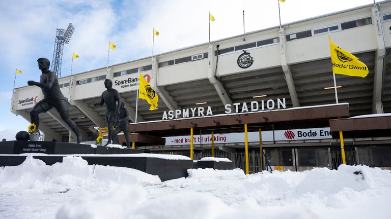 Bodo, Norway - April 10: General View of the stadium ahead of UEFA Europa League 2024/25 quarter last leg - match between FK Bodo/Glimt and SS Lazio at Aspmyra Stadium on April 10, 2025 in Bodo, Norway. (Photo by David Lidstrom - UEFA/UEFA via Getty Images)