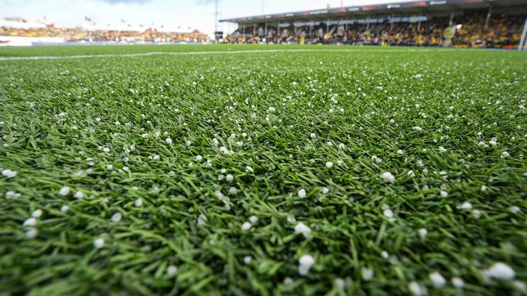 Small pieces of hail are seen before the start of the first leg quarterfinal match in UEFA Europa League between BOD ../ Glimt and Lazio at Aspmyra Stadium in Bodo, Norway, Thursday 13 March, 2025. (Lise ..serud/ NTB Scanpix via AP)