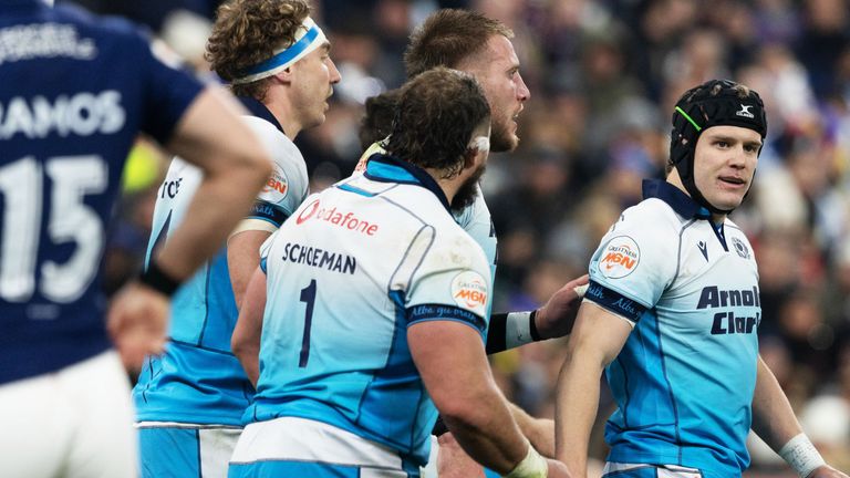 Paris, France - March 15: Scotland Darcy Graham celebrates a first half trial during a Guinness Six Nations match between France and Scotland on Stade de France on March 15, 2025 in Paris, France. (Photo by Craig Williamson / SNS Group)