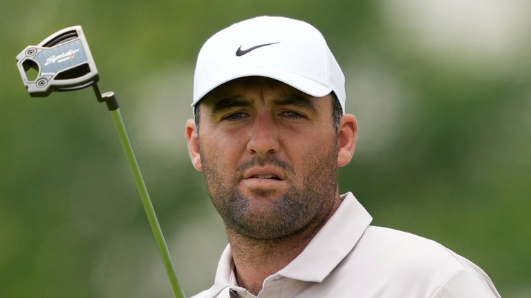 Scottie Scheffler looks at his putt on the ninth hole during a practice round in front of the US Open Golf Tournament at the Oakmont Country Club on Tuesday, June 10, 2025 in Oakmont, Pa. (AP Photo/Carolyn throws)